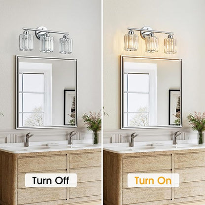 FDPBY Modern 3 Light Crystal Vanity Light, Chrome Vertical Bathroom Light Fixture Over Mirror for Dressing Table Sink, Compatible with Dimmable Bulbs (Bulbs Not Included)