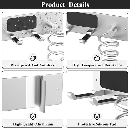 Tindbea Hair Dryer Holder + Curling Iron Holder,Blow Dryer Holder Wall Mount, Bathroom Hair Tool Organizer Rack for Universal Dryer Silver Color