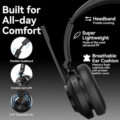 Wireless Headset with Mic, Wireless Work Headset with Mic Noise Cancelling & Mute Button (with Bluetooth V5.3, USB Dongle) for PC Computer Laptop Cell Phones Remote Work Home Office Call Center Zoom