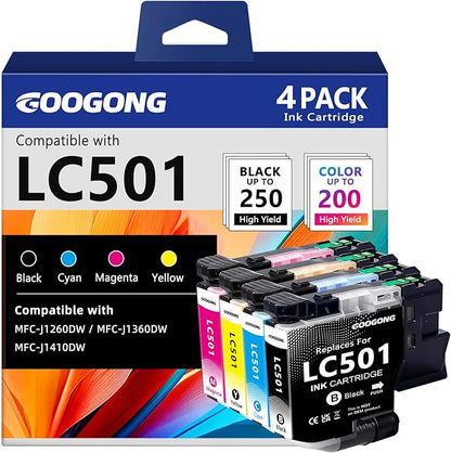 googong LC501 Ink Cartridges LC 501 Ink 4 Pack Compatible for Brother LC 501 Ink LC501 LC501XL Ink Cartridge Work for Brother MFC-J1360DW MFC-J1260W MFC-J1410DW Printer (Black Cyan Magenta Yellow)