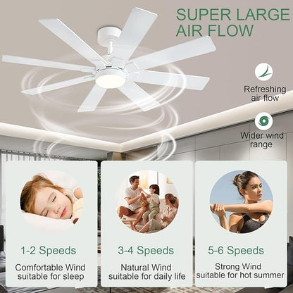 KNUN 48 Inch White Ceiling Fans with Lights and Remote/APP Control, Low Profile Ceiling Fan, 8 Blades，LED Dimmable, Reversible DC Motor, Noiseless Ceiling Fans for Bedroom Indoor/Outdoor Use