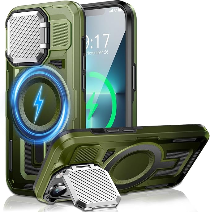 Camera Stand Case for iPhone 13 Pro, [Compatible with Mag Safe] [Lens Cover] 2024 Version Military Grade Protective Soft Case for iPhone 13 Pro 6.1 inch Men Women, Green