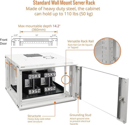 Tecmojo 6U Wall Mount Rack Network Cabinet for 19" IT Equipment,with Lockable Glass Door and Side Panels,Cooling Fan,17.7inch Depth,White