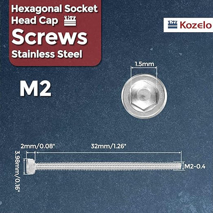 Kozelo 30pcs Socket Head Cap Screws - [M2-0.4 x 32mm] 304 Stainless Steel Allen Socket Drive for Electrical Motor 3D Printing Fan Engine Replacement Use, Silver