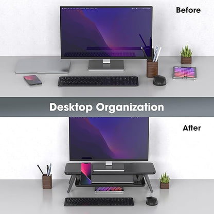 Fenge Monitor Stand, Monitor Stands Riser for Desk, 23.6 Inch Wood Desk Shelf with Storage Organizer and Cable Management for Office Desk Accessories