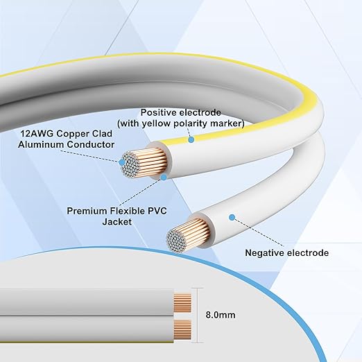 Mygatti 12AWG Speaker Wire 50 FT, 12/2 Gauge Audio Speaker Wire, for Car Speakers Stereo, Home Theater, Automotive Wire, White Jacket with Yellow Polarity Marker, CCA, 2 Conductors Electrical Wire