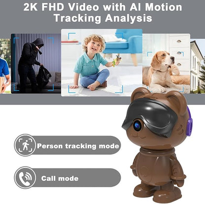 dzcctvipc Cute Bear 2K Robot & Pet Camera – Hidden Indoor Security, Motion & Baby Cry Detection, Privacy Mode, 5G Dual-Band, Pan & Tilt, Full HD Night Vision, 24/7 Recording, 2-Way Audio