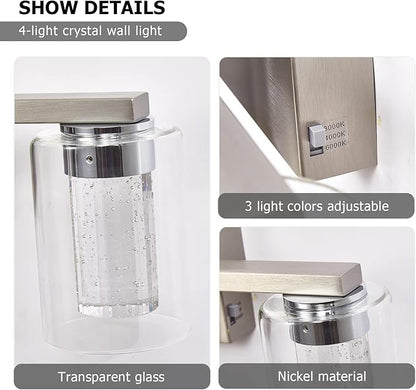 SADENICEL 4-Light Bathroom Light Fixtures, Brushed Nickel, Dimmable LED White/Neutral/Warm Crystal Bathroom Vanity Lights Over Mirror, for Bedroom,Living Room