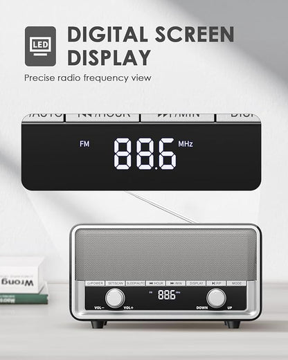 Vintage Wood AM FM Clock Radio with Bluetooth, Digital Clock Radio for Bedroom with LCD Display | 40 Presets | Sleep Timer | No Alarm, Retro Bluetooth Speaker for Office,Home, Kitchen (Black)