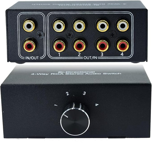 No Noise 4 Way 1 in 4 Out or 4 in 1 Out Audio Sound selector RCA Female Stereo 4 Channel Splitter switcher Box Switching No External Power