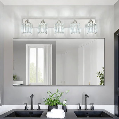 FDPBY Modern Vanity Light 5-Lights Brushed Nickel Vanity Light Crystal Bathroom Wall Light Bathroom Light Fixtures