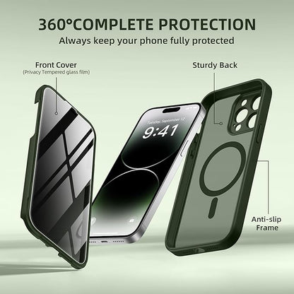 BERFY Magnetic for iPhone 14 Pro Max Case, Compatible with MagSafe, Built-in Privacy Screen Protector and Upgraded Camera Protection, Anti-Spy Full Body Shockproof Phone Case for 14 Pro Max 6.7",Green