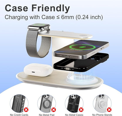 4-in-1 for Magsafe Wireless Charging: 15W Qi Magnetic Fast Charger Station Pad with Night Light for iPhone 16 15 14 13 12 Pro Max - for Apple Watch and AirPods Series - Desk Nightstand Bedside, Silver