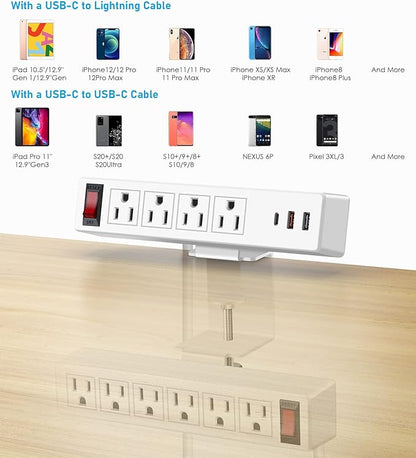 Desk Clamp Power Strip with PD20W USB-C, 2 in 1 Dual Layer Under Desk Power Strip, Removable Clamp Power Socket with 10AC Outlets & Switch, 10ft Extension Cord(ETL Listed)