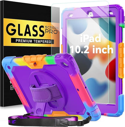 BLOSOMEET Case for iPad 9th/8th Generation 2021/2020 10.2 Inch with Tempered Glass Screen Protector |Rugged Shockproof iPad 7th Gen Kids Cover 2019 w/Stand Pencil Holder & Hand Shoulder Strap|Purple