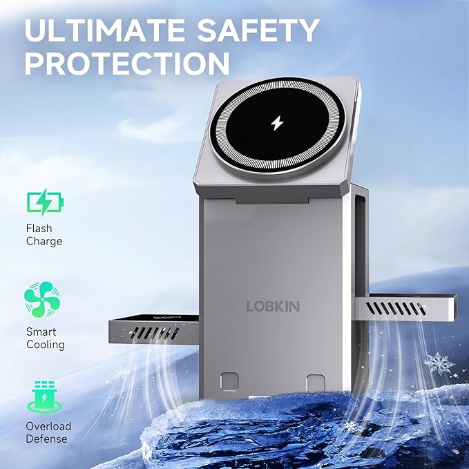 LOBKIN 3 in 1 Charging Station, Qi2 15W Foldable Intelligent Fast Wireless Charging Station,MagSafe Charger Stand for iPhone 16/15/14/13, Airpods, Apple Watch