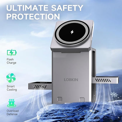 LOBKIN 3 in 1 Charging Station, Qi2 15W Foldable Intelligent Fast Wireless Charging Station,MagSafe Charger Stand for iPhone 16/15/14/13, Airpods, Apple Watch