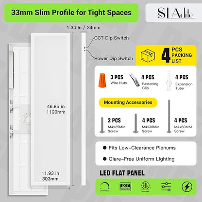 1x4 Led Flat Panel Light, 4-Pack Surface Mount Ceiling Light, 24W/30W/40W, 5200LM Smooth Triac Dimming(10-100%) 5CCT 3000K-6000K, LED Light Fixture for Kitchen Office Garage, White ETL Listed