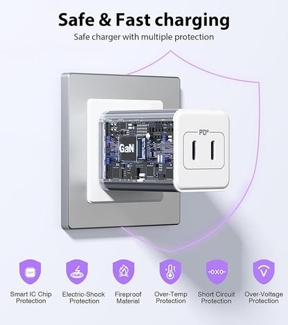 [2-Pack] USB C Charger Block 40W, Dual Port 20W PD 3.0 Type C Fast Wall Charger,Durable Compact Power Adapter for iPhone 13/14/15/16/17 Pro Max Plus,iPad,AirPods4,Samsung S25/S24,Watch(White)