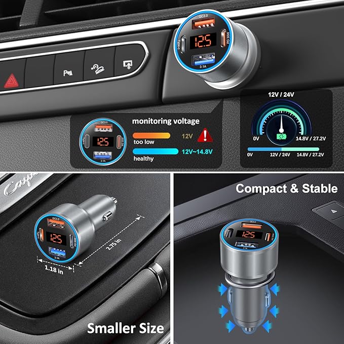 USB C Car Charger with Voltage Display, 3 Pack 65W Super Fast Charging Car Phone Charger Dual USB-A & USBC Cargador Carro Cigarette Lighter Adapter Volt Meter for iPhone,Samsung,Tablet,Android-Gray
