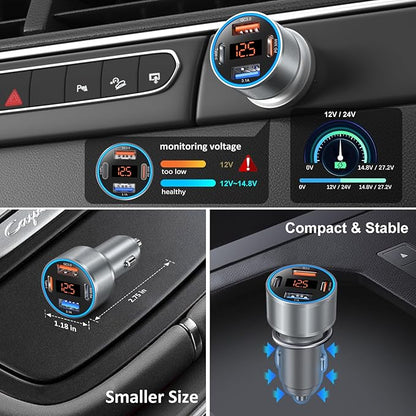 Car Charger USB C, 65W Multi Port Dual 12V USB C Car Charger Adapter with Voltage Display PD/QC 3.0 Super Fast Charging Cigarette Lighter Adapter for iPhone 17 16 15 14 13 12 Pad Pro Air(Gray)