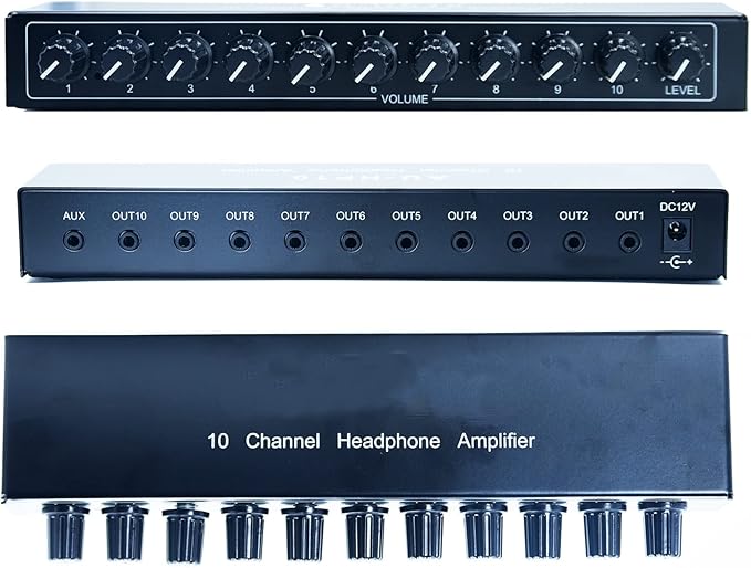 aux Mini Jack TRS 3.5 mm Input 1 in 10 Out Channel Headphone Amplifier Stereo Audio Amp with 12V 1A Power Adapter Distributor Headphone Splitter for Studio and Stage Black