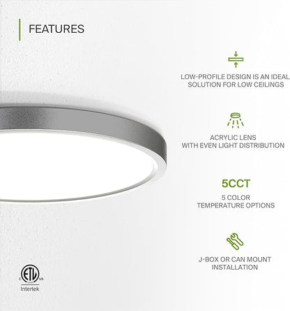 ASD LED 9" Round Flush Mount Ceiling Light Fixture, Low Profile Surface Lighting | 5CCT, Dimmable, Ultra-Thin, ETL Listed | 18W 1660LM 2700-6000K 120V | Kitchen, Hallway Lamp | Nickel, 12 Pack