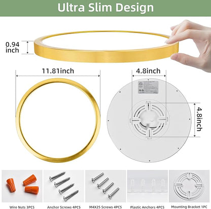 hykolity 12 Inch Selectable CCT LED Round Flat Panel Light, 24W 3000K/4000K/5000K, Edge-Lit Flush Mount Ceiling Light Fixture for Kitchen, Bedroom, Laundry and Closet Room，Gold