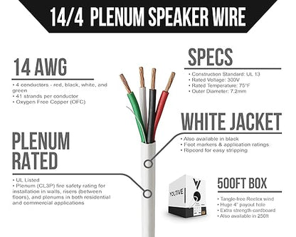 Voltive 14/4 Speaker Wire, Plenum CL3P, White, 500ft - 14AWG, 4 Conductors, Stranded Oxygen-Free Copper, UL Listed - V-1216-4