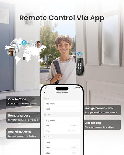 DESLOC C100 Plus Built-in WiFi Smart Lock, Keyless Entry Door Lock with Display, Keypad Deadbolt for Front Door, App Remote Control, Anti-Peeping Password, BHMA Grade 3, Black