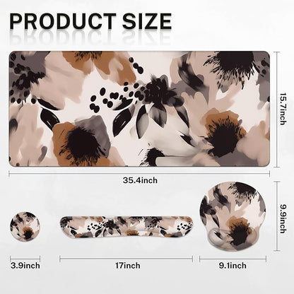 Britimes Brown Boho Tribal Flower Keyboard Mouse Pad Set 4in1 Large Mousepad+Keyboard Wrist Rest+Mouse Wrist Rest+Coaster Set with Ergonomic Design for Home Office Computer 35.4x15.7 inches