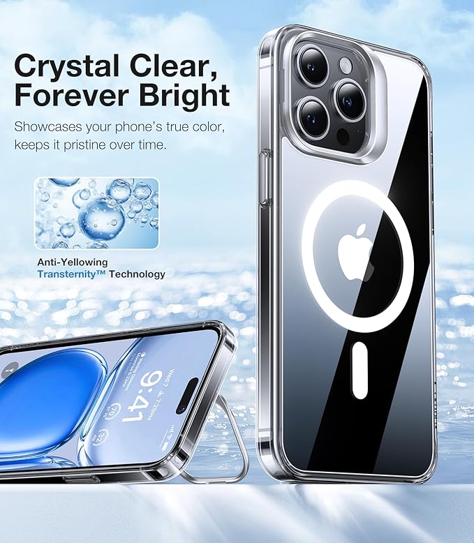 TORRAS Magnetic Kickstand for iPhone 15 Pro Case, [Compatible with MagSafe] [Built-in Camera Stand], Dual Camera Protection Mil-Grade Shockproof Anti-Yellowing Kickstand Case, Crystal Clear, 6.1"