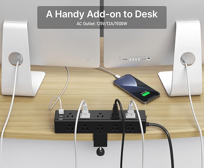CCCEI Standing Desk Clamp Power Strip with 15 Outlets, Widely Spaced Desktop Edge Mount Surge Protector Outlet, Fast Charging USB-A and USB-C Ports, 4 FT Flat Plug, Black Fit 1.6 inch Table top.