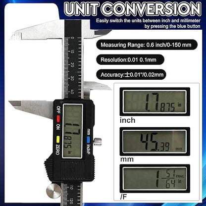 Simhevn Digital Caliper Measuring Tool,with Large LCD Screen, Easy Switch Inch/MM/Fraction,6inch/150mm Stainlee Steel Caliper and 8inch/200mm Stainlee Steel Ruler for DIY/Household