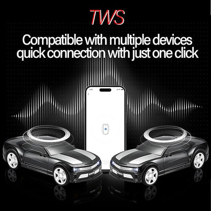 WSTER Sports Car Model Bluetooth Speaker with Stereo Sound, TWS Pairing, LED Party Lights, USB/TF Playback, Movable Wheels, Unique Retro Car Gifts (Black)