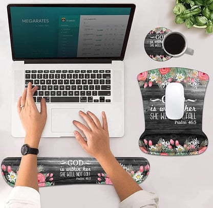 Ergonomic Mouse Pad Wrist Support and Keyboard Wrist Rest Set with Coasters, Non-Slip PU Base, Easy Typing and Relieve Wrist Pain for Home Office Working Studying, Floral Quote Bible Verses Psalm 46:5