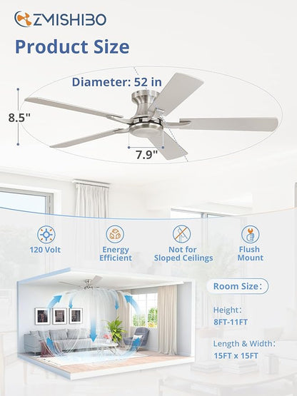 ZMISHIBO 52 Inch Ceiling Fan No Light, Flush Mount Low Profile, Modern Nickel Ceiling Fan Without Light, Remote Control & Quiet DC Motor, for Indoor&Outdoor, Bedroom, Living Room