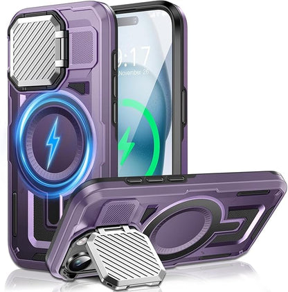 Camera Stand Case for iPhone 15 Plus, [Compatible with Mag Safe] [Lens Cover] 2024 Version Military Grade Protective Soft Case for iPhone 15 Plus 6.7 inch Men Women, Purple