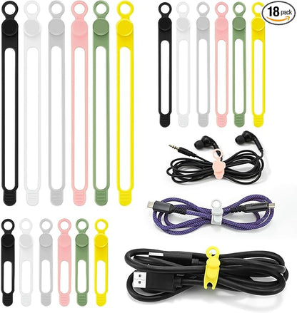 CozyNestMo Silicone Cable Ties Reusable, Elastic Wire Organizer Ties, for Charging Cables, Electrical Cords, Computer Wires, USB Data Cable Management, Cord Organizer (6 Colors, 3 Sizes)