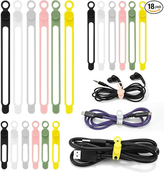 CozyNestMo Silicone Cable Ties Reusable, Elastic Wire Organizer Ties, for Charging Cables, Electrical Cords, Computer Wires, USB Data Cable Management, Cord Organizer (6 Colors, 3 Sizes)