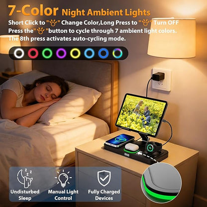 30W Charging Station for Apple Products, Foldable Wireless Charger with Clock Display&7 Color Light, Wired Charging for iPad/Tablet Charging Station for iPhone17, for Apple Watch11 for AirPods4(Black