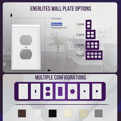 ENERLITES Mid-Size Duplex Receptacle Outlet Wall Plate, Electrical Outlet Covers Plates, Midway Size 1-Gang 4.88" x 3.11", Polycarbonate Thermoplastic, UL Listed, 8821M-W-10PCS, White (10 Pack)
