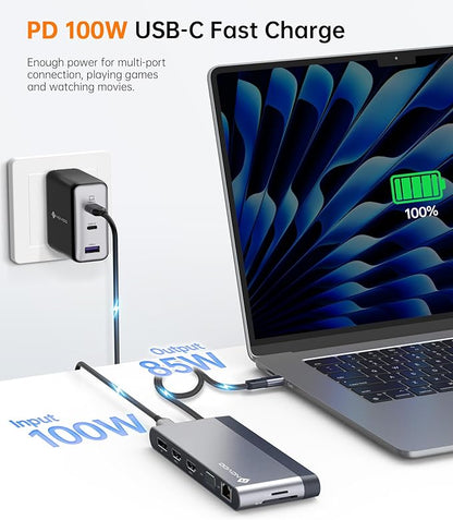 USB C Docking Station Quad Display, 14-in-1 Laptop Docking Station Dual Monitor, 8K@30Hz DP, Dual 4K@60Hz HDMI, VGA, 5 USB Data Ports, 100W PD, Ethernet, SD/TF, Mic/Audio, USB C HUB, Thunderbolt Dock