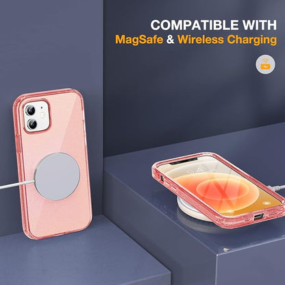 Miracase Glass Series for iPhone 12/12 Pro Case 6.1 inch, Upgraded Full-Body Rugged Phone Bumper Case Cover with Built-in 9H Tempered Glass Screen Protector and Camera Protector, Glitter Rose