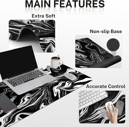 Britimes Black White Marble Keyboard Mouse Pad Set 4in1 Large Mousepad+Keyboard Wrist Rest+Mouse Wrist Rest+Coaster Ergonomic Design for Home Office Computer 35.4x15.7 inches