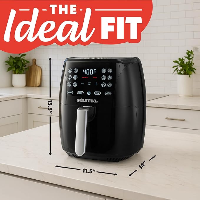 Gourmia Air Fryer - 6 Qt Large Capacity, FryForce 360º, Digital Display with 12 Presets, Roast, Bake, Broil, Dehydrate, Dishwasher Safe Accessories, Black