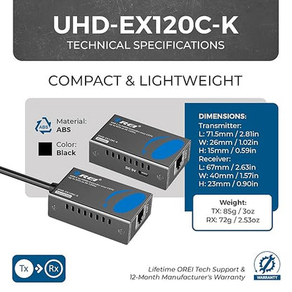 OREI 4K 120Hz USB-C to HDMI Over Cat6/7 Ethernet Extender, 4K, Up to 80ft with HDR & Audio Over Ethernet - Perfect for Extending Your Laptop, Presentation, Meeting Rooms