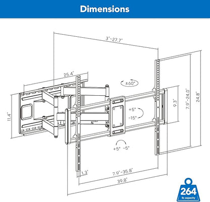 Mount-It! Heavy Duty XXL Full Motion TV Wall Mount for Extra Large TVs, max VESA 900x600, Holds up to 264lb, Swivel Tilt Extension Adjustable TV Mount for 60" 65" 75" 80" 85" 90" 98" 100" 115" 120 in