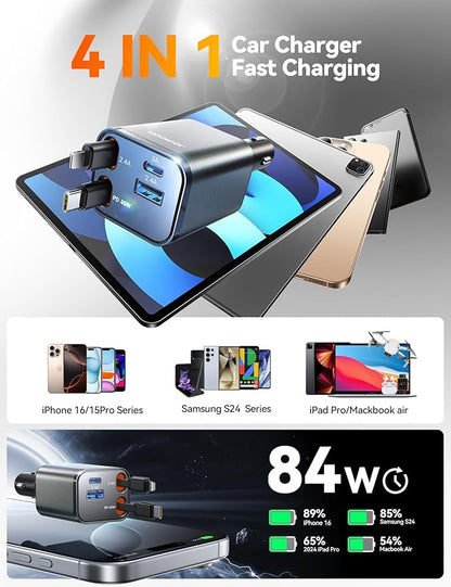 [2025 Ultra-Compact] JOYROOM Retractable Car Charger 84W Car Charger USB C for iPhone 16 Fast Charging, Car Accessories, Car Adapter Travel Essentials Gifts for Women Men, for iPhone 16 15 14 13 12
