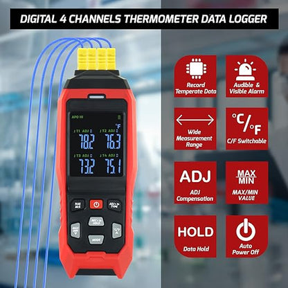 Thermocouple Thermometer Data Logger 4 Channels Digital K Type Thermometer with 5000 Groups Programmable Temperature Recording -328~2501℉ Measuring Range, Audible & Visible Alarm ADJ Compensation